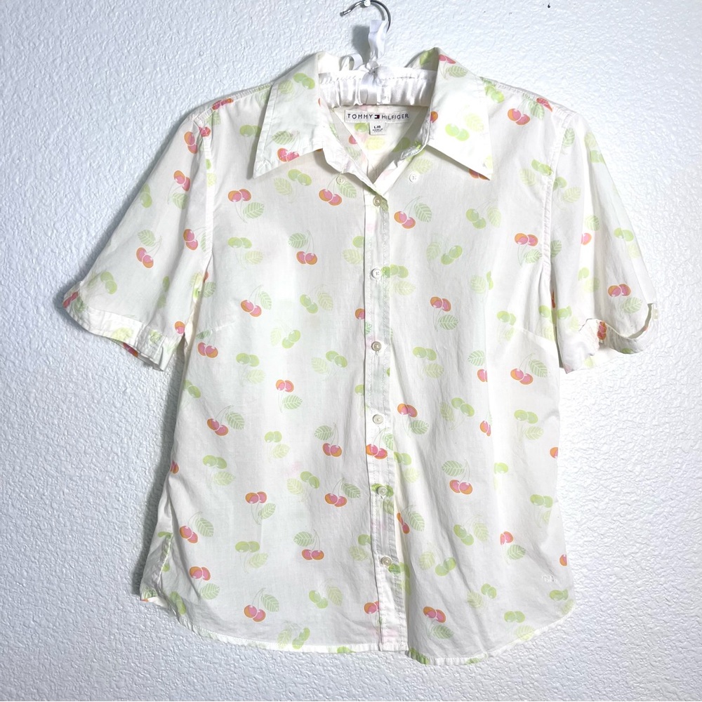 Tommy Hilfiger Cream Short-Sleeve Cherry Print Button-Up Top